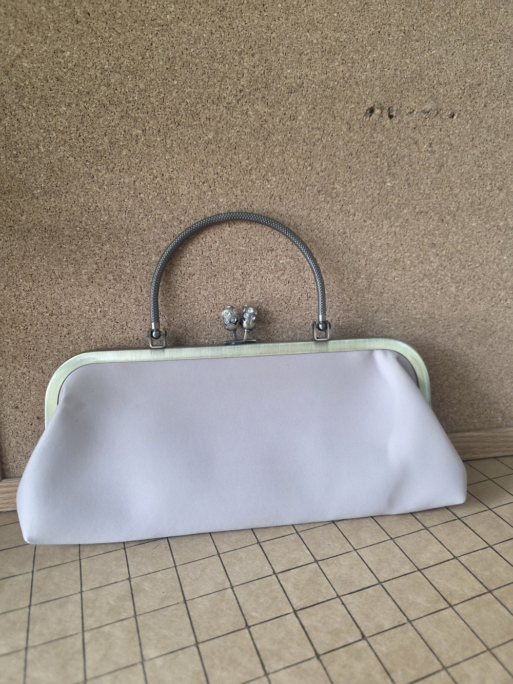 La Regale Satin Evening Clutch Purse Silver Frame w/ Crystal Accents, 11x4.5